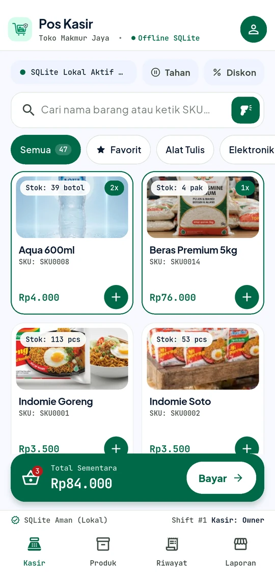 Layar kasir KasirKu: grid produk dengan foto, stok, dan total keranjang