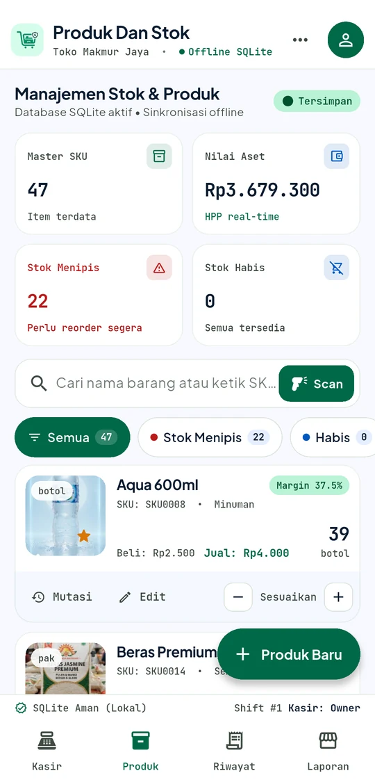 Layar produk dan stok