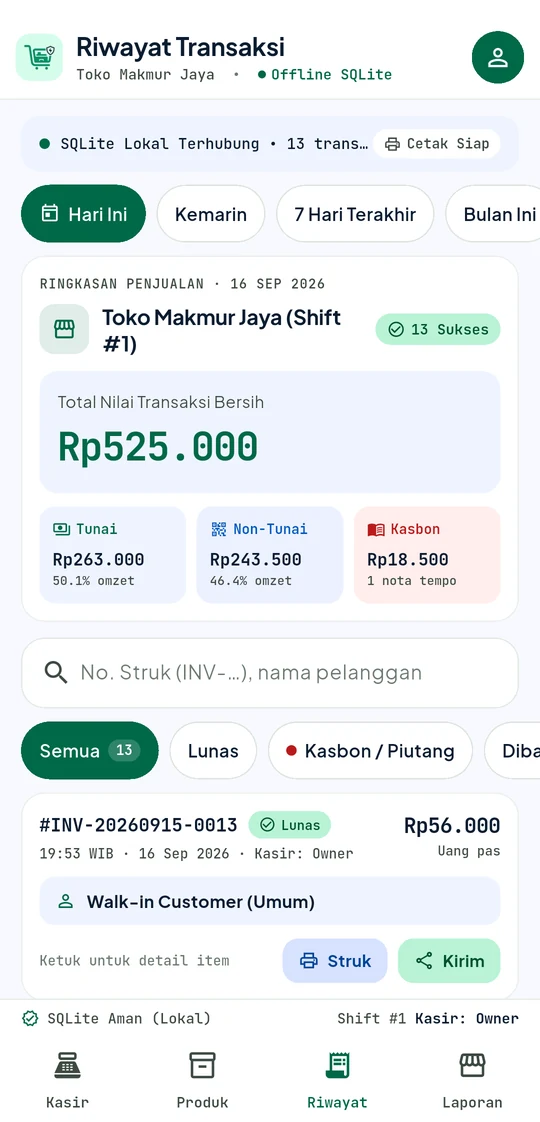 Layar riwayat transaksi